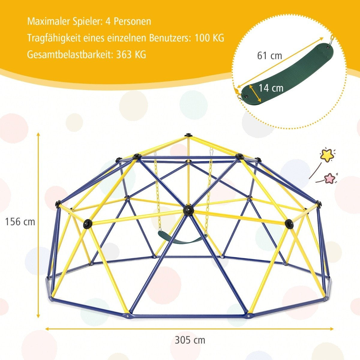 Children's Climbing Dome with Swing, 305cm, Blue/Yellow/Green