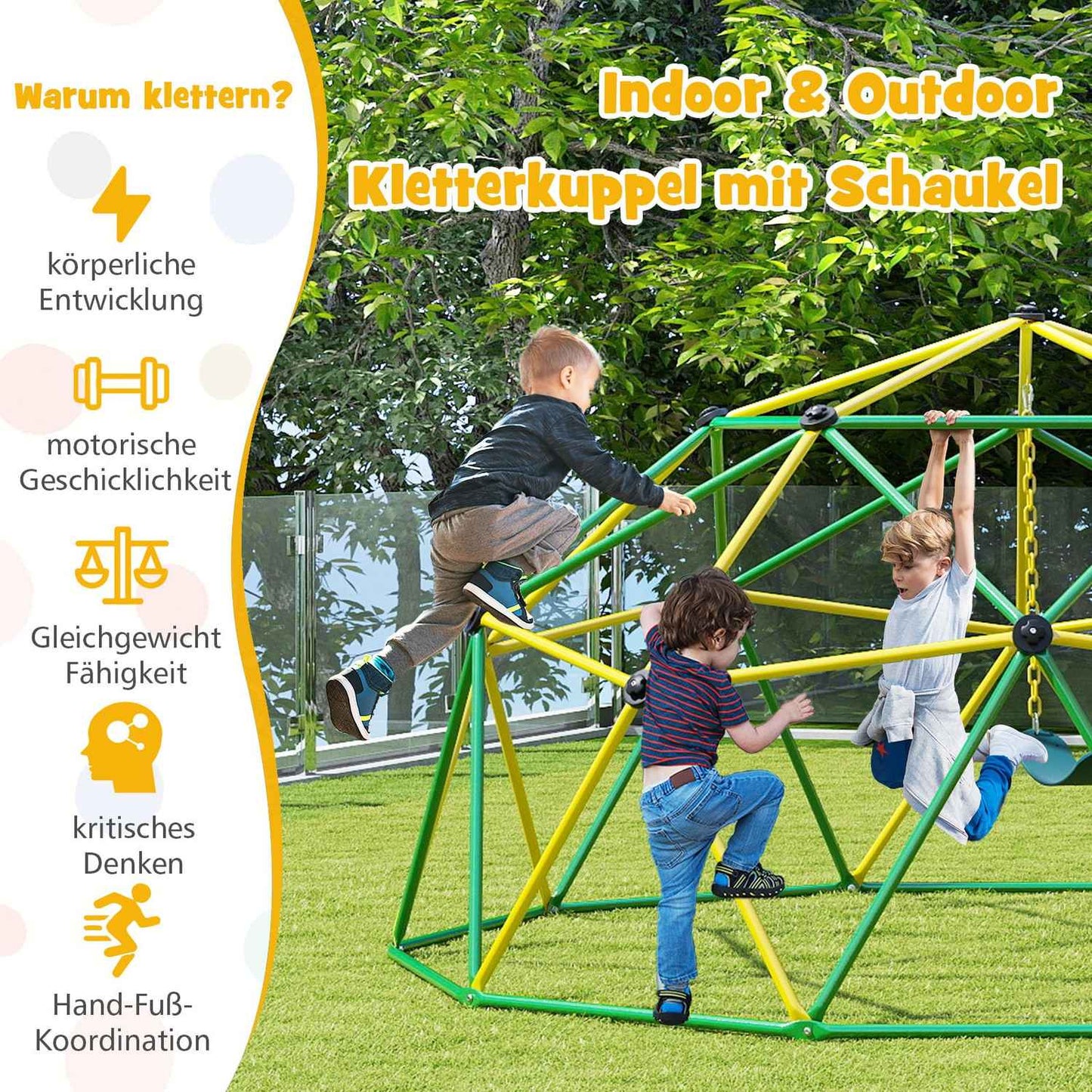 Children's Climbing Dome with Swing, 305cm, Green/Yellow