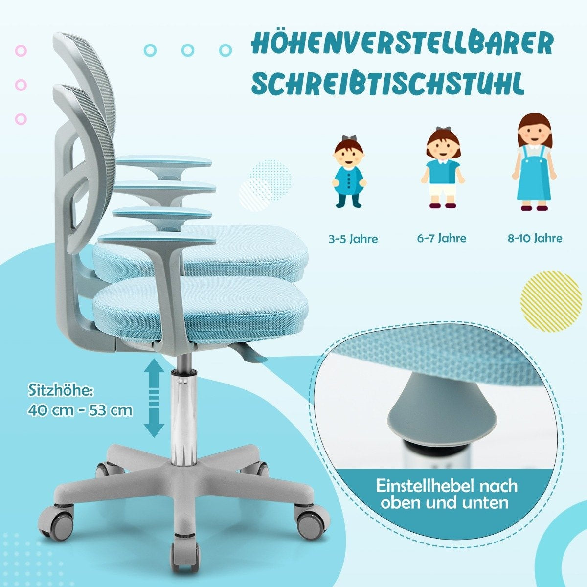 Children's Computer Chair with Adjustable Height & Self-Locking Wheels 54 x 54 x 80 - 91.5 cm Blue + Gray