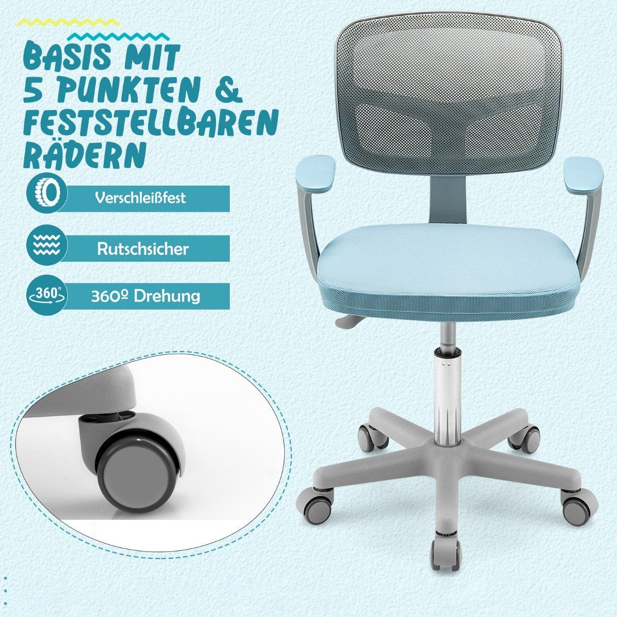 Children's Computer Chair with Adjustable Height & Self-Locking Wheels 54 x 54 x 80 - 91.5 cm Blue + Gray