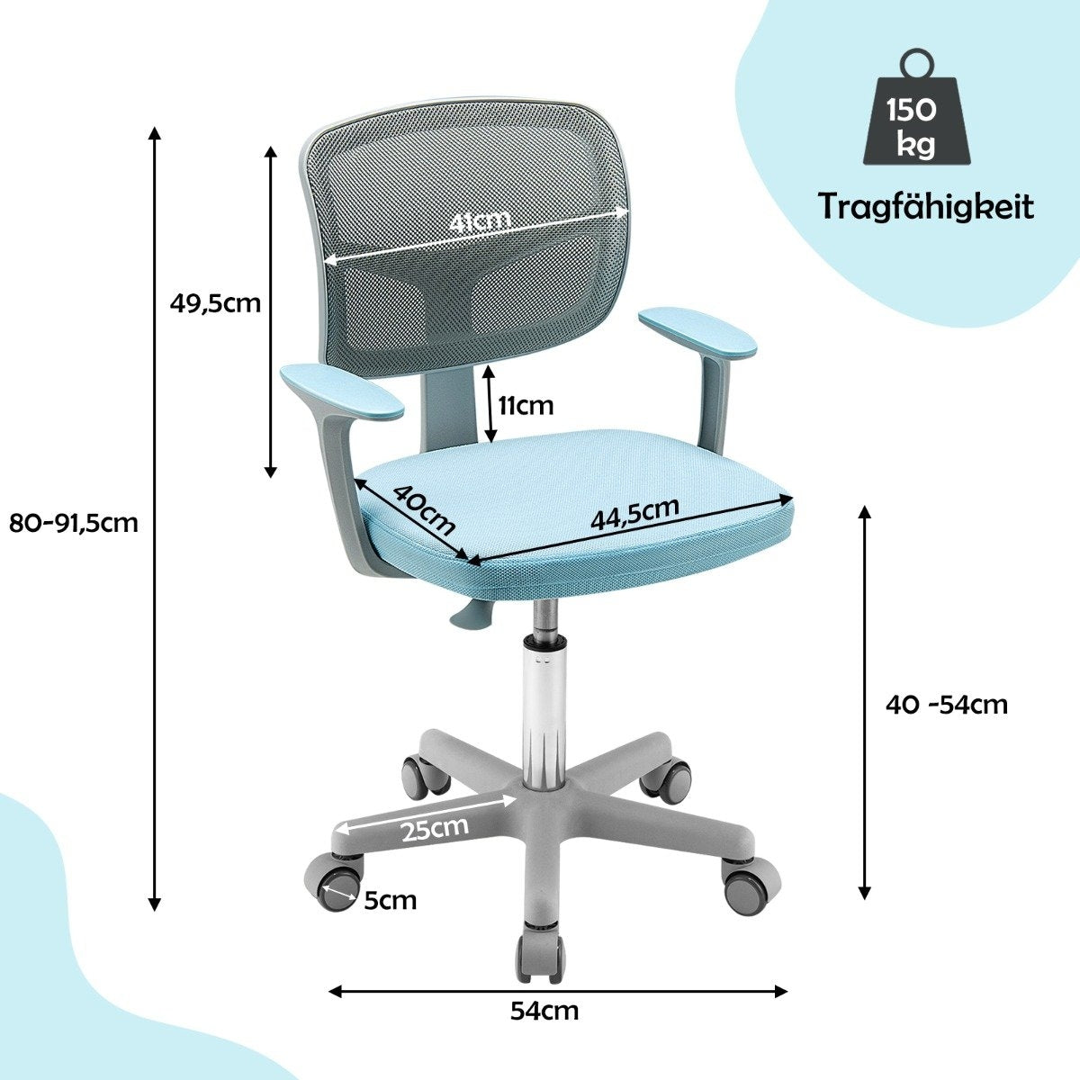 Children's Computer Chair with Adjustable Height & Self-Locking Wheels 54 x 54 x 80 - 91.5 cm Blue + Gray