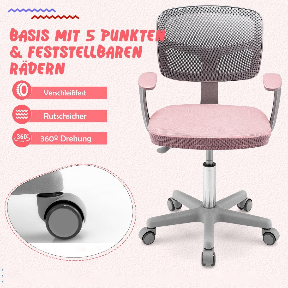 Children's Computer Chair with Adjustable Height & Self-Locking Wheels for 3-10 Years Children Pink