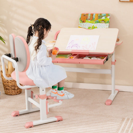 Children's Desk 51-73cm Height Adjustable Student Desk with Tiltable Table Top (Pink Table)