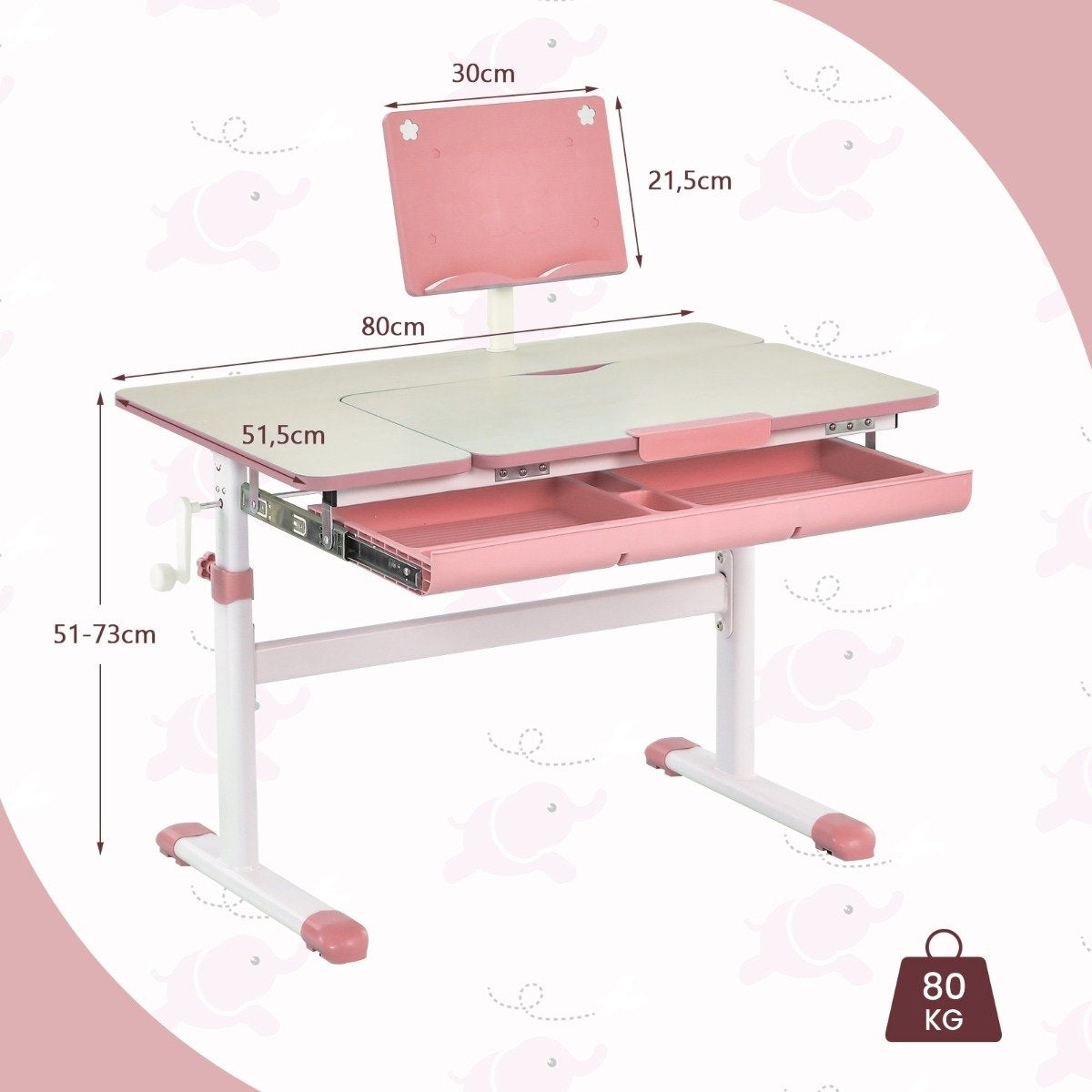 Children's Desk 51-73cm Height Adjustable Student Desk with Tiltable Table Top (Pink Table)