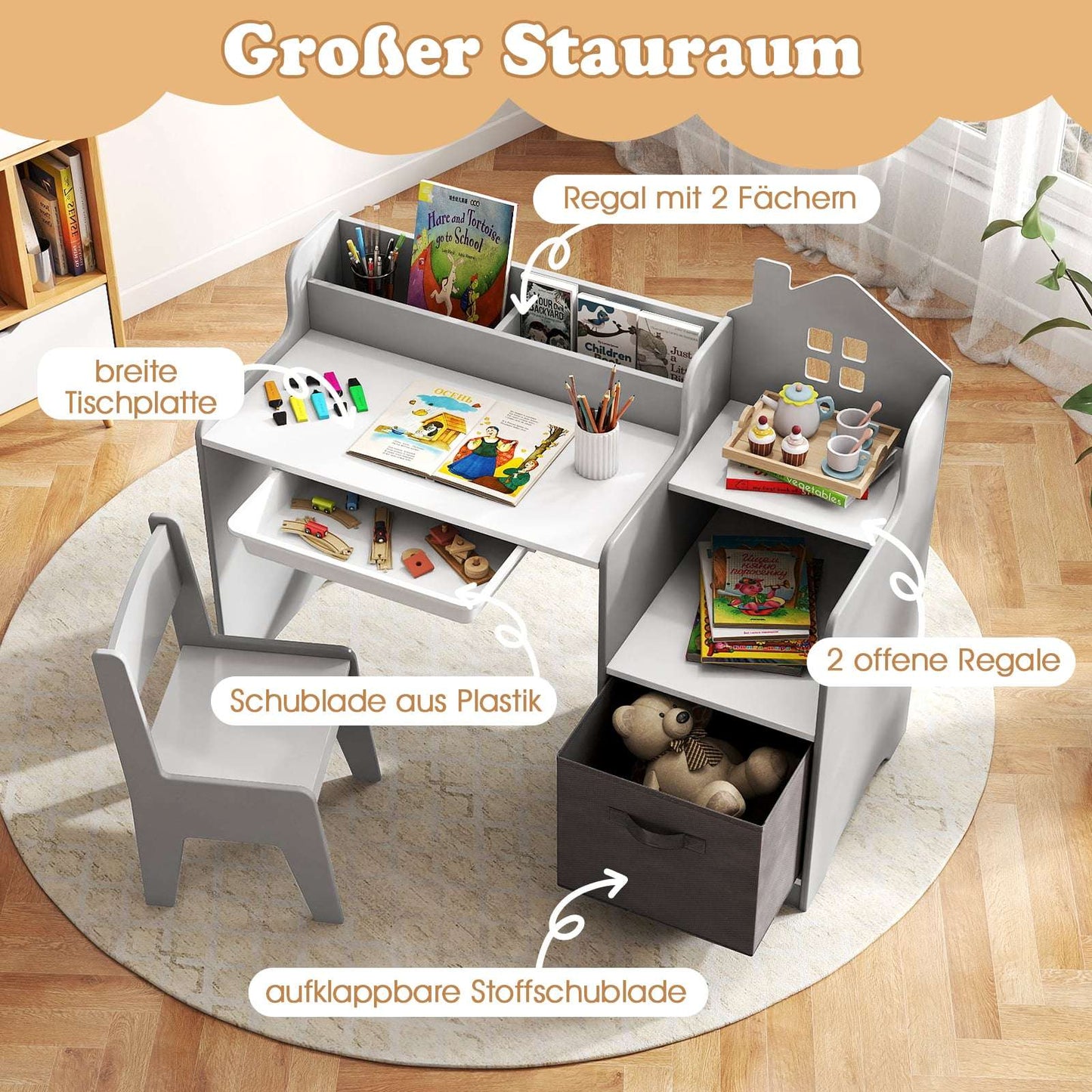 Children's Desk & Chair Set with Storage, Gray