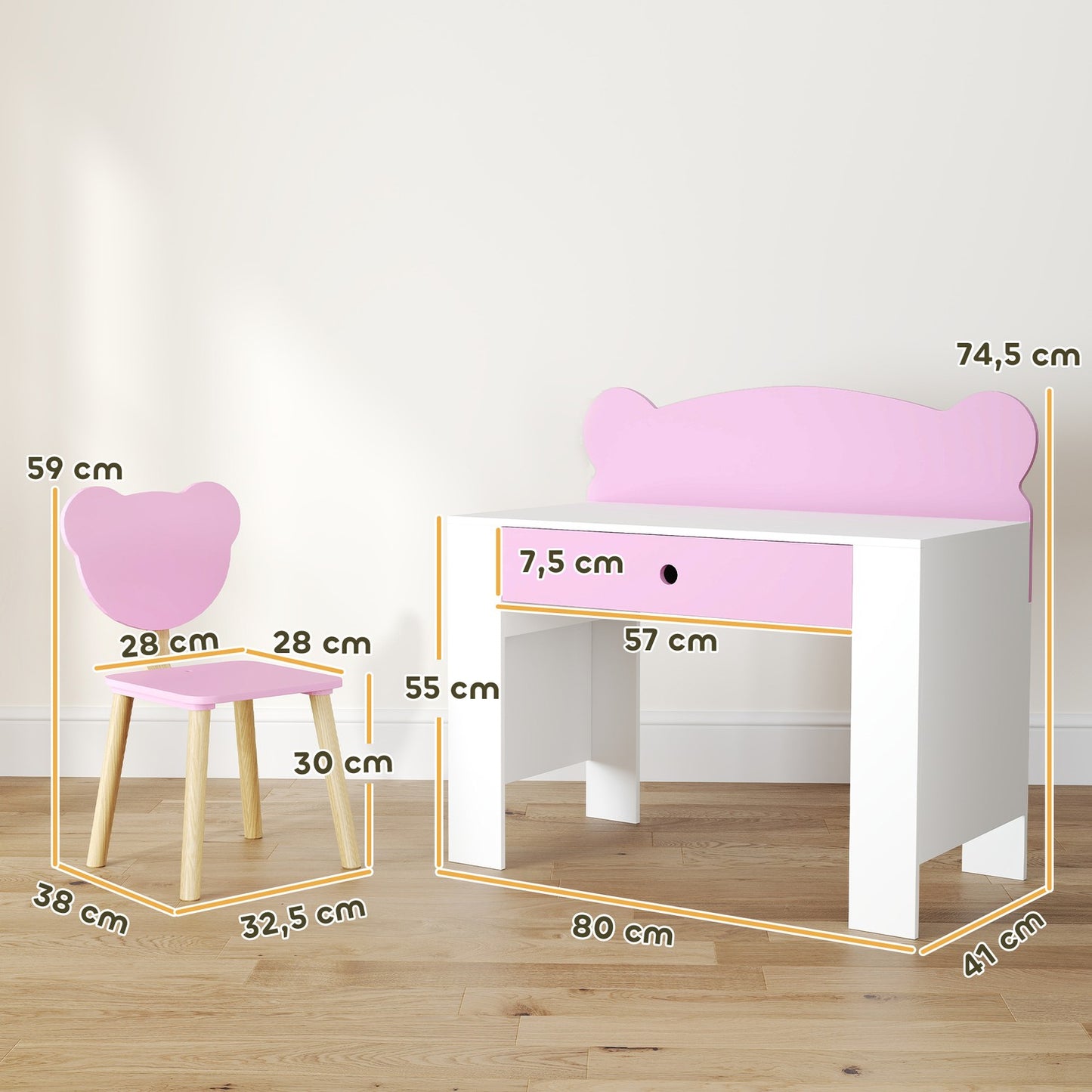 Kids' Desk and Chair Set, Bear Design, Pink, Ages 3-8