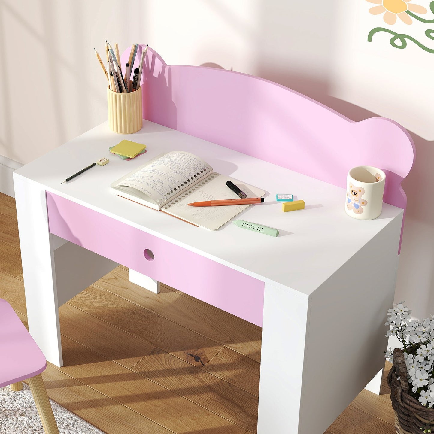 Kids' Desk and Chair Set, Bear Design, Pink, Ages 3-8