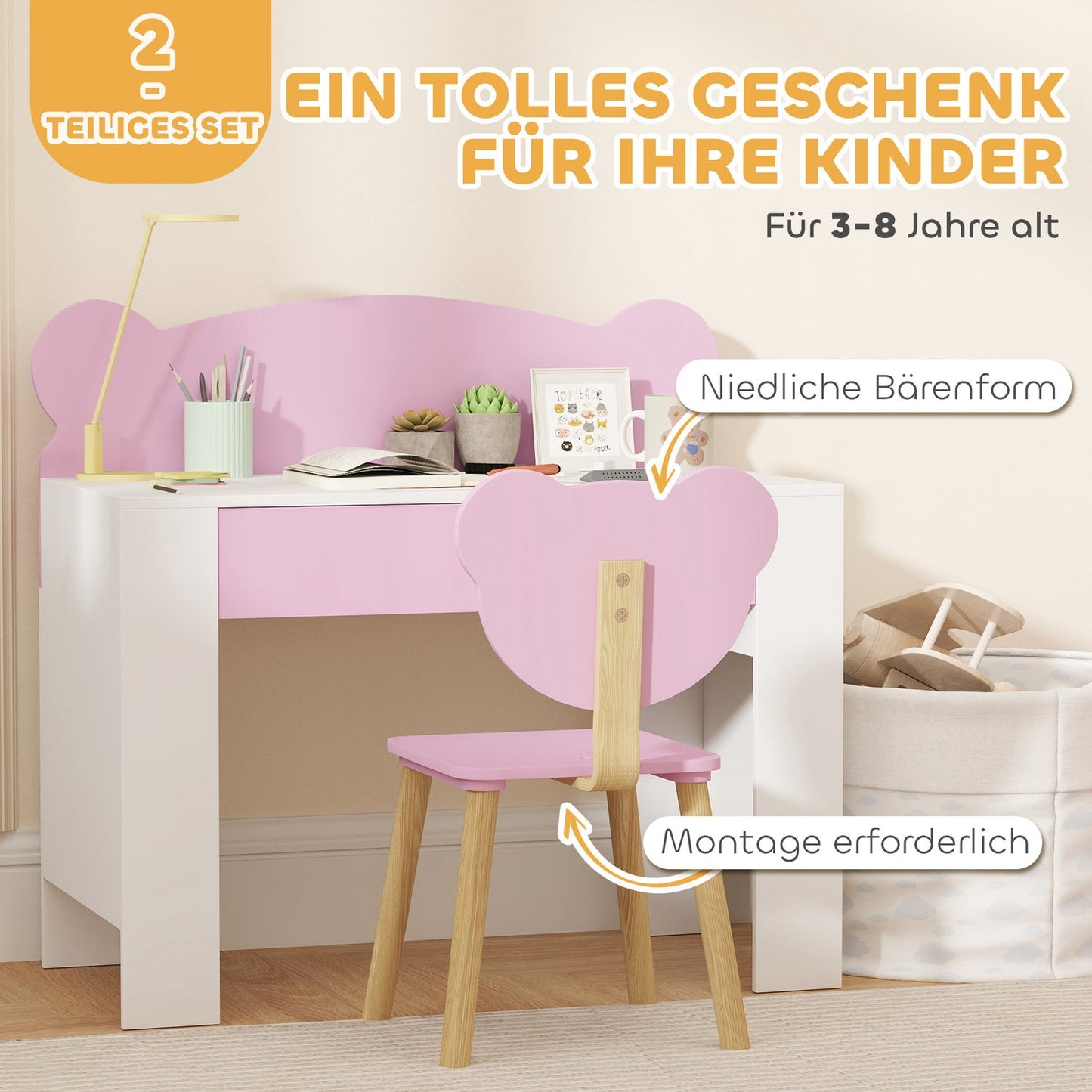 Kids' Desk and Chair Set, Bear Design, Pink, Ages 3-8
