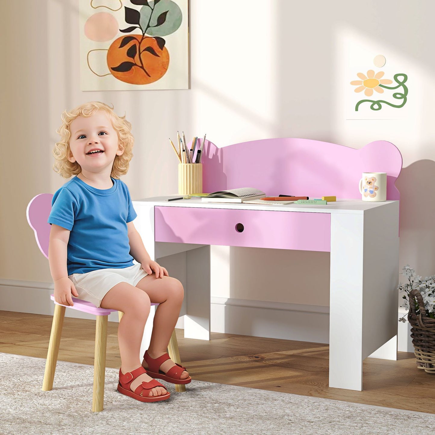 Kids' Desk and Chair Set, Bear Design, Pink, Ages 3-8