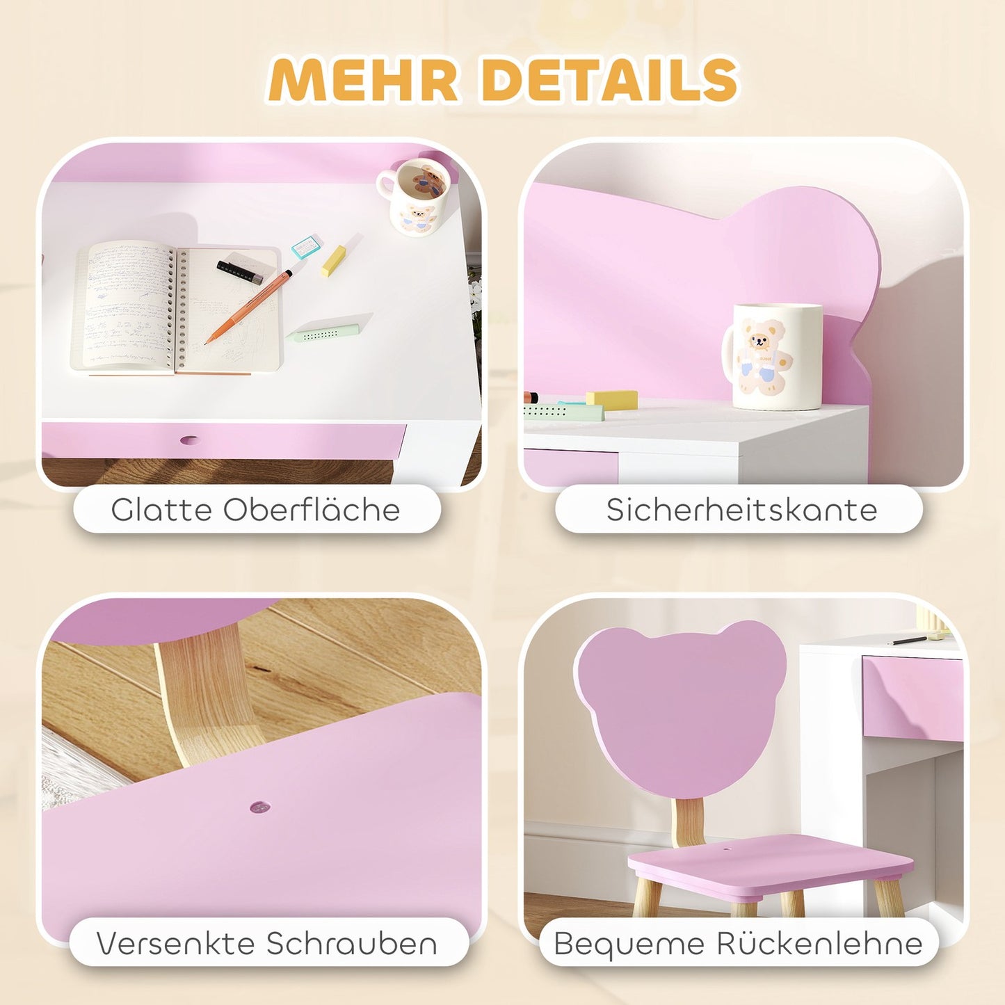 Kids' Desk and Chair Set, Bear Design, Pink, Ages 3-8