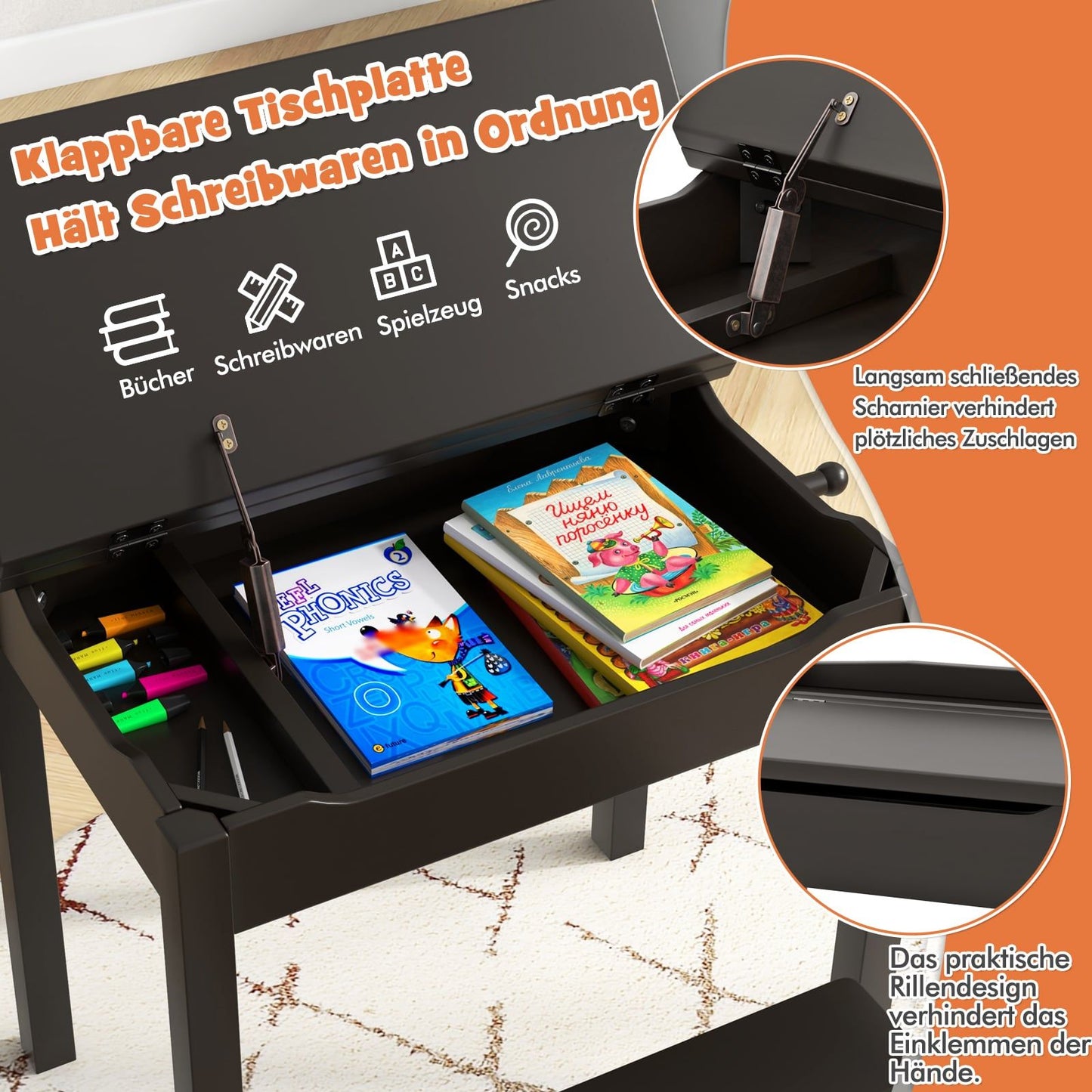 Children's Desk and Chair Set, Solid Wood, Foldable Top