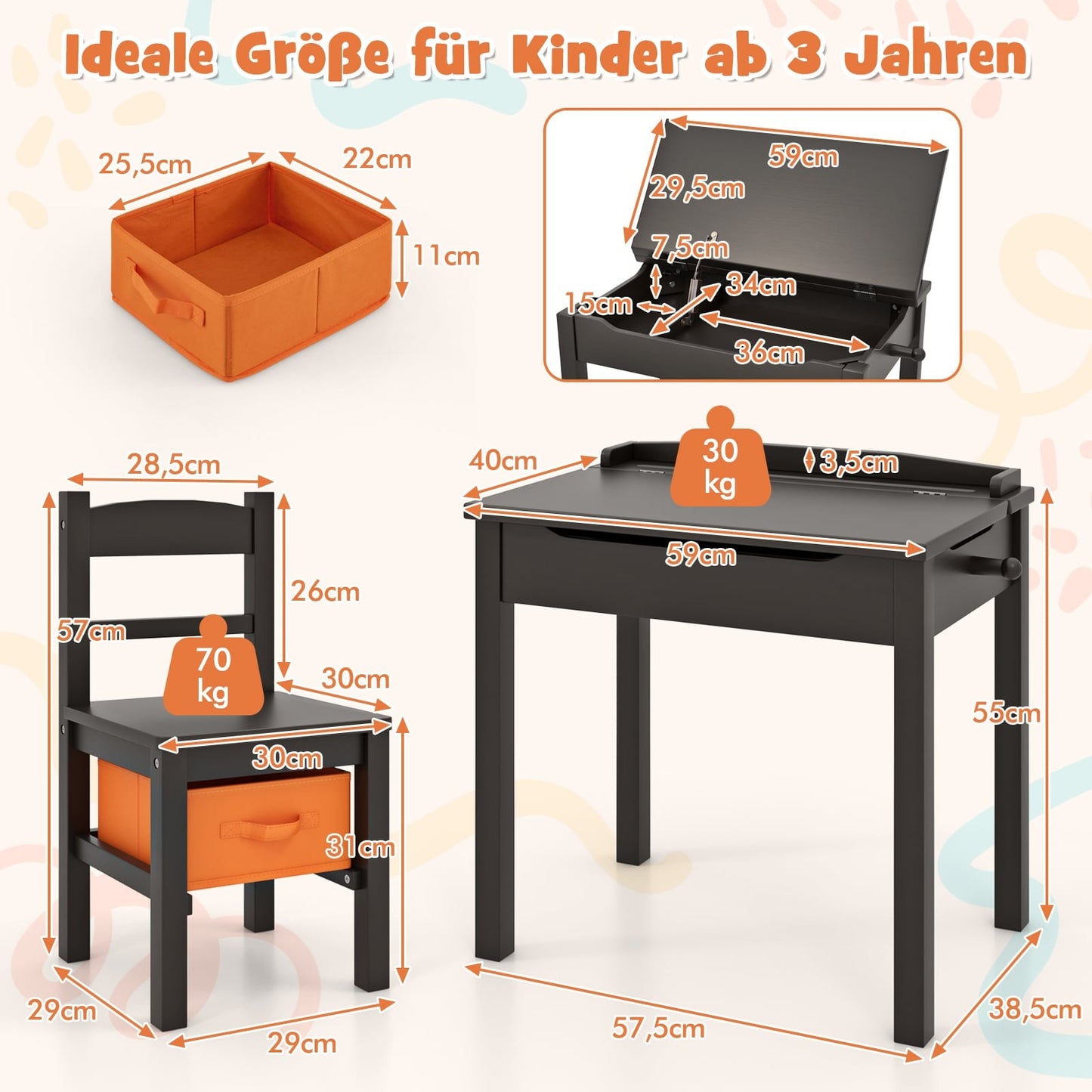 Children's Desk and Chair Set, Solid Wood, Foldable Top