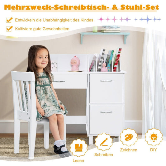 Children's Desk and Chair Set Study Table with Drawer and Storage Cabinets White
