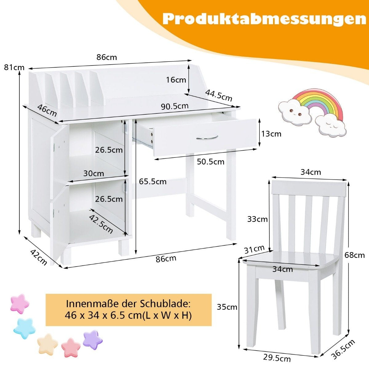 Children's Desk and Chair Set Study Table with Drawer and Storage Cabinets White