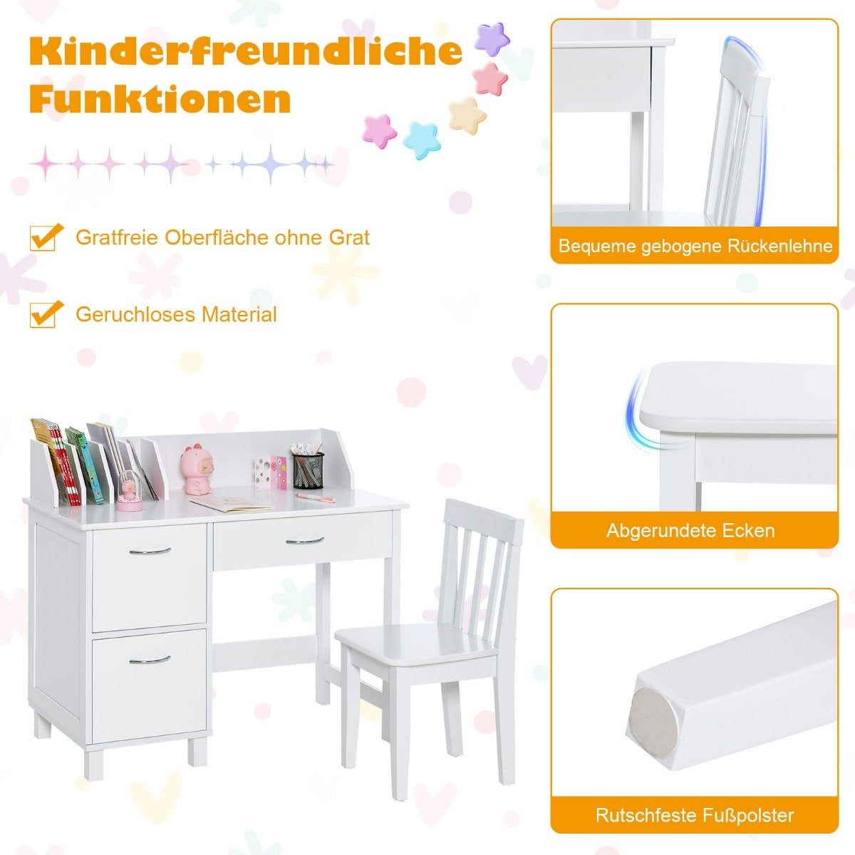 Children's Desk and Chair Set Study Table with Drawer and Storage Cabinets White