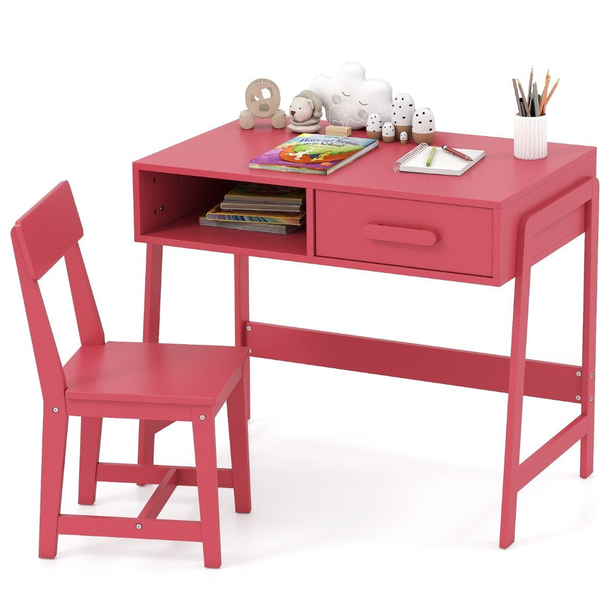 Children's Desk and Chair Set with Drawer, Pink Wood