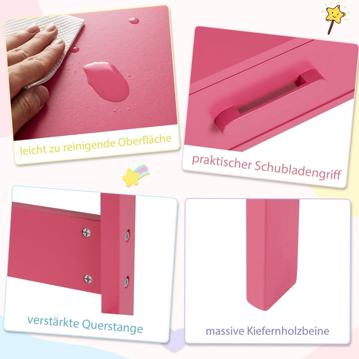 Children's Desk and Chair Set with Drawer, Pink Wood