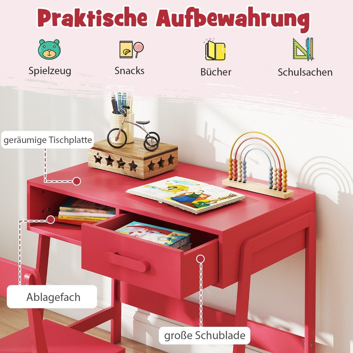 Children's Desk and Chair Set with Drawer, Pink Wood