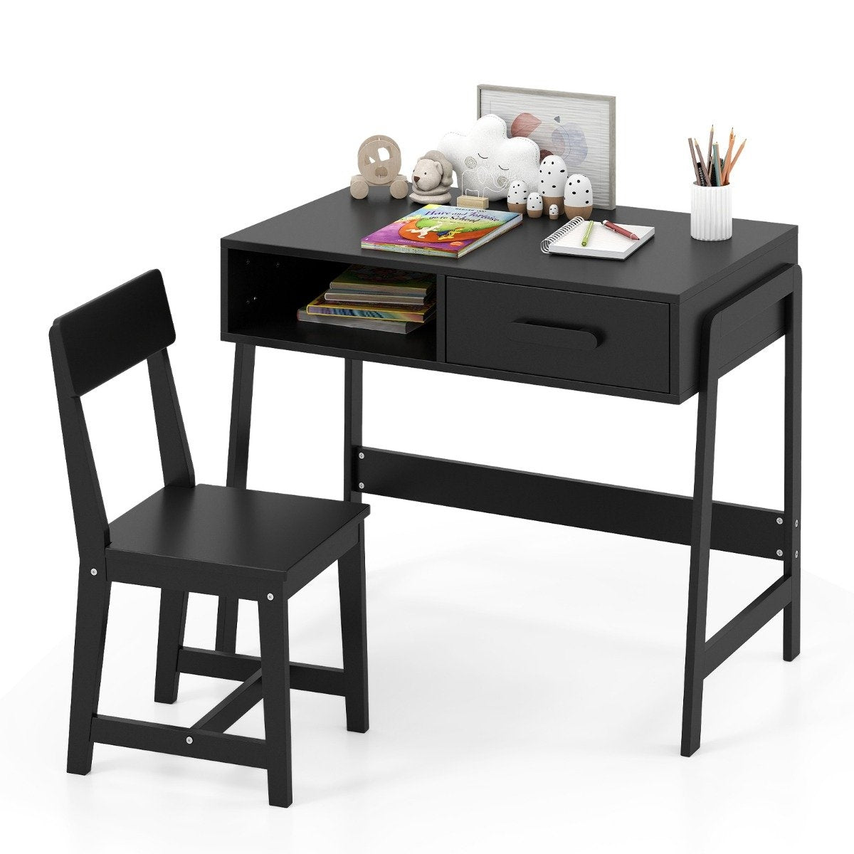 Children's Desk and Chair Set with Storage, Black