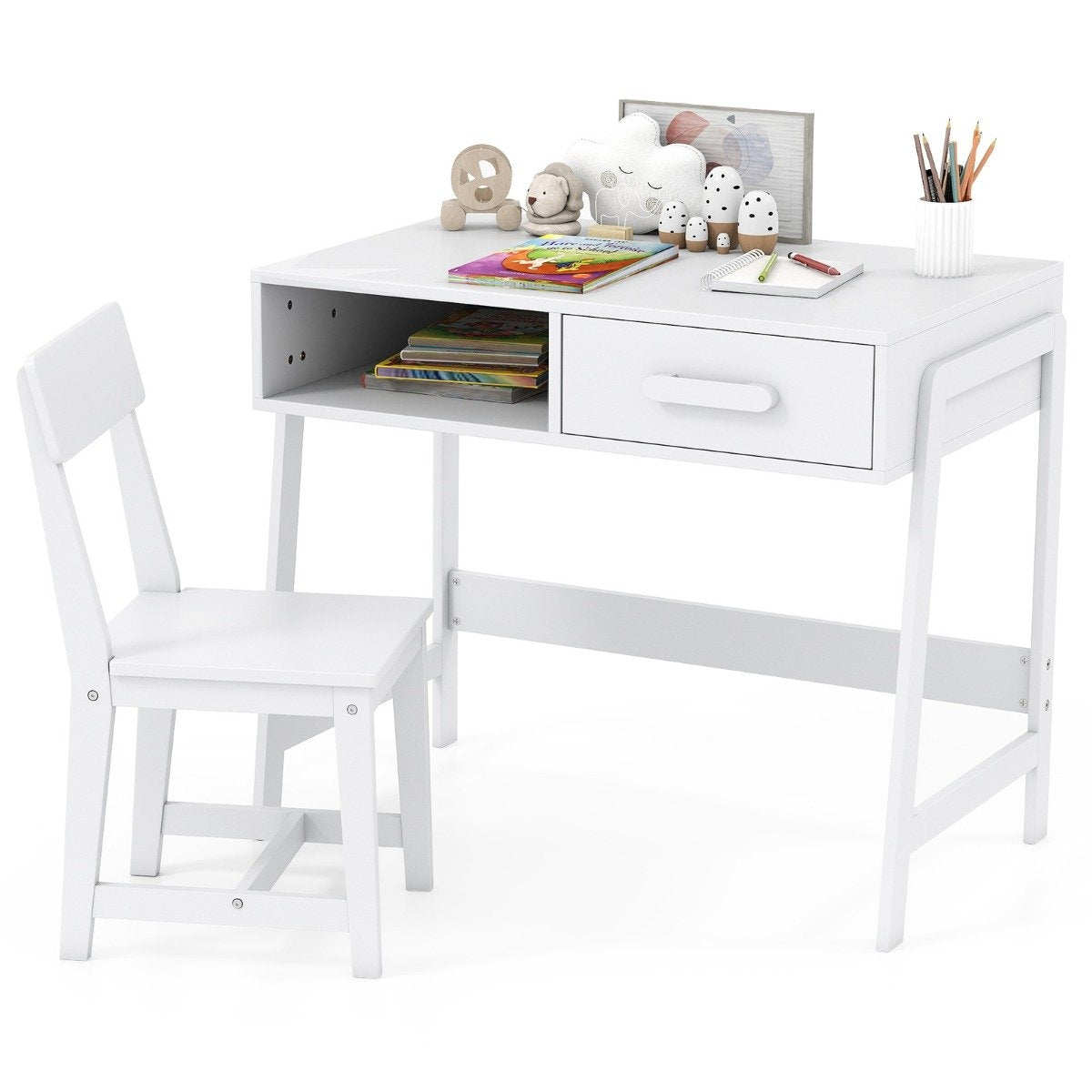 Children's Desk and Chair Set with Storage, White