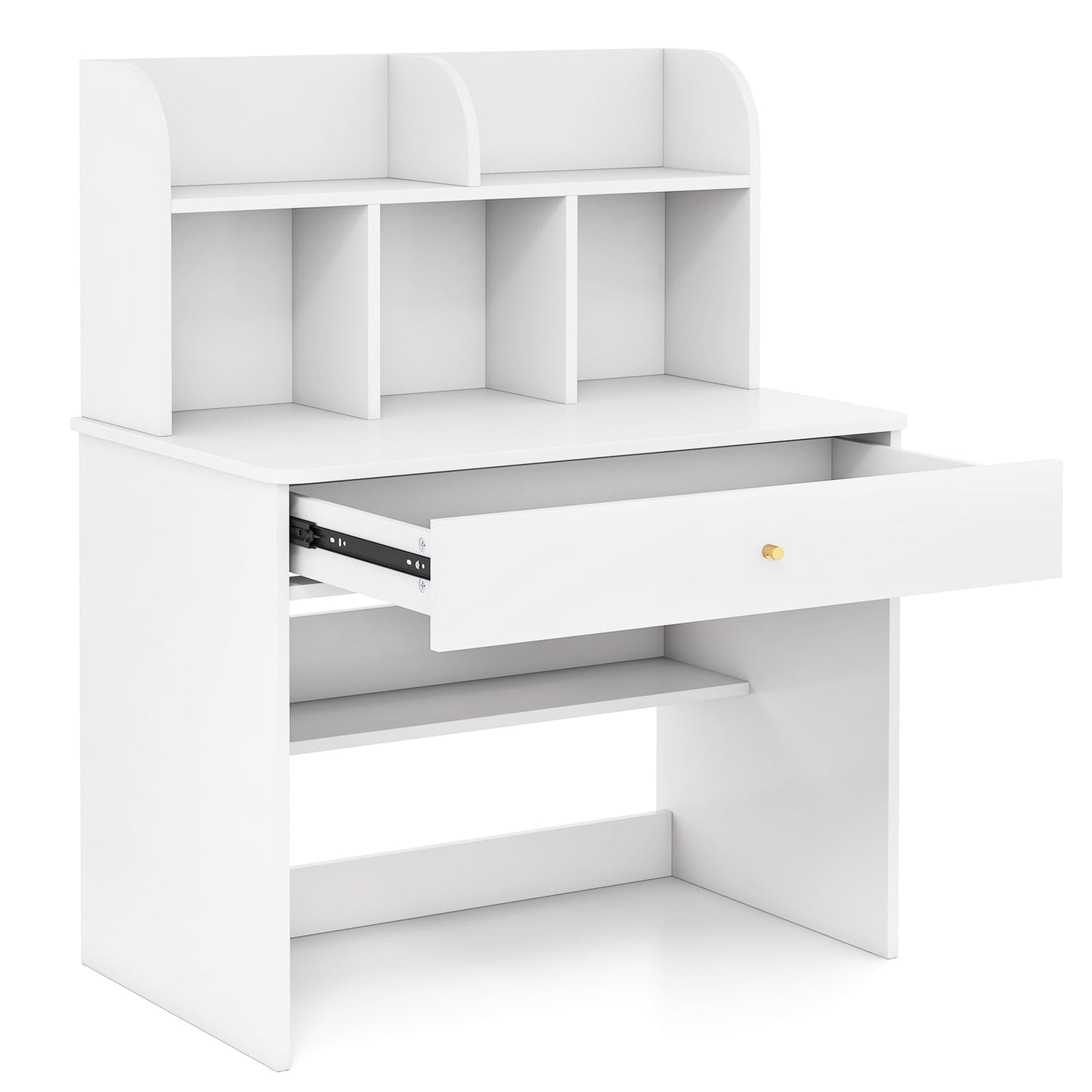 Children's Desk with Drawer & Storage, White Wood