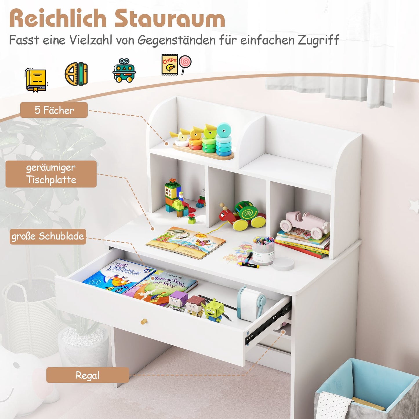 Children's Desk with Drawer & Storage, White Wood