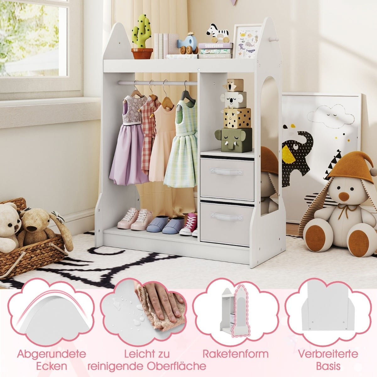Children's Dress-Up Wardrobe with Mirror, White, 107cm