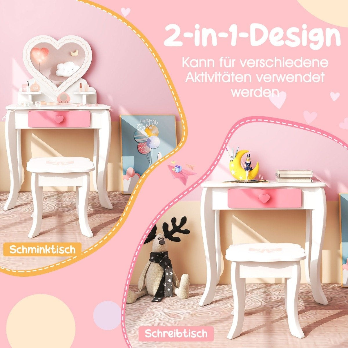 Children's Dressing Table Set with ♡Heart Shaped Mirror & Stool & Drawer & Accessories