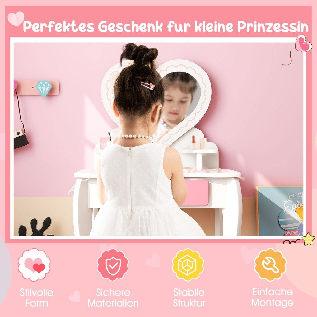 Children's Dressing Table Set with ♡Heart Shaped Mirror & Stool & Drawer & Accessories