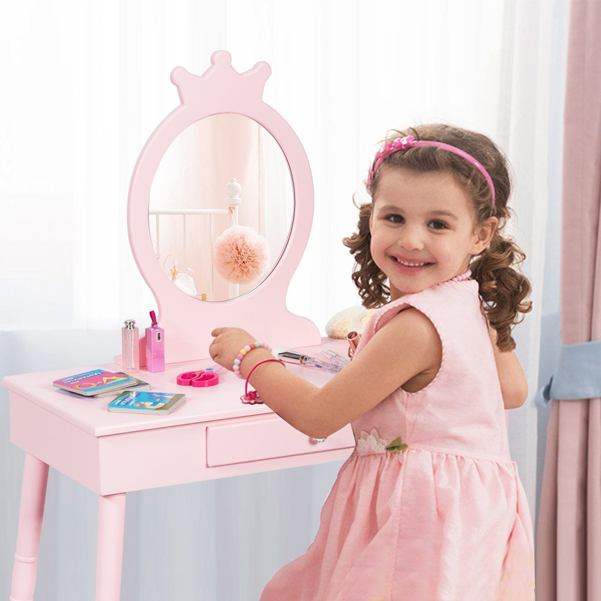 Children's Dressing Table Set with Stool & Removable Mirror Makeup Table Pink