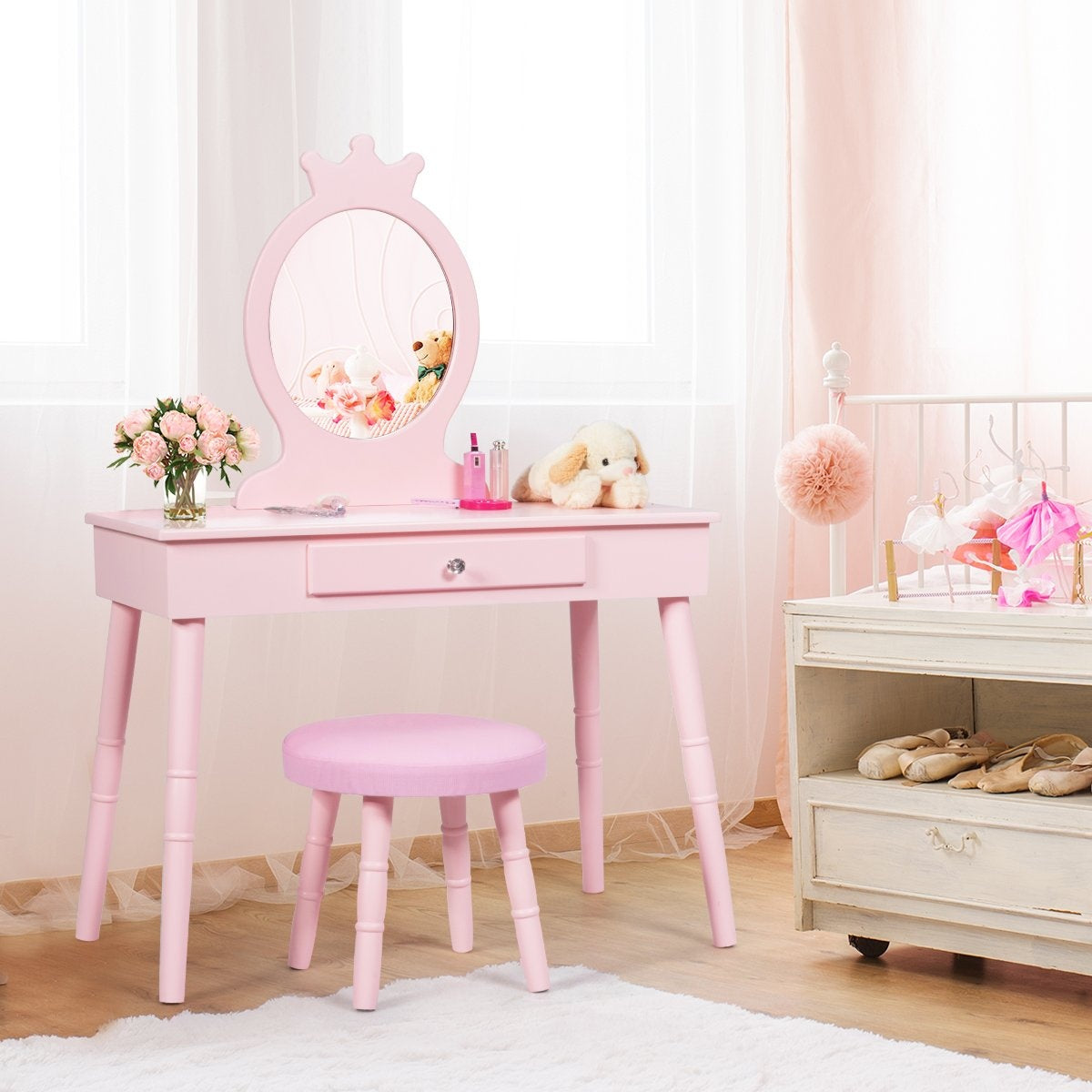 Children's Dressing Table Set with Stool & Removable Mirror Makeup Table Pink