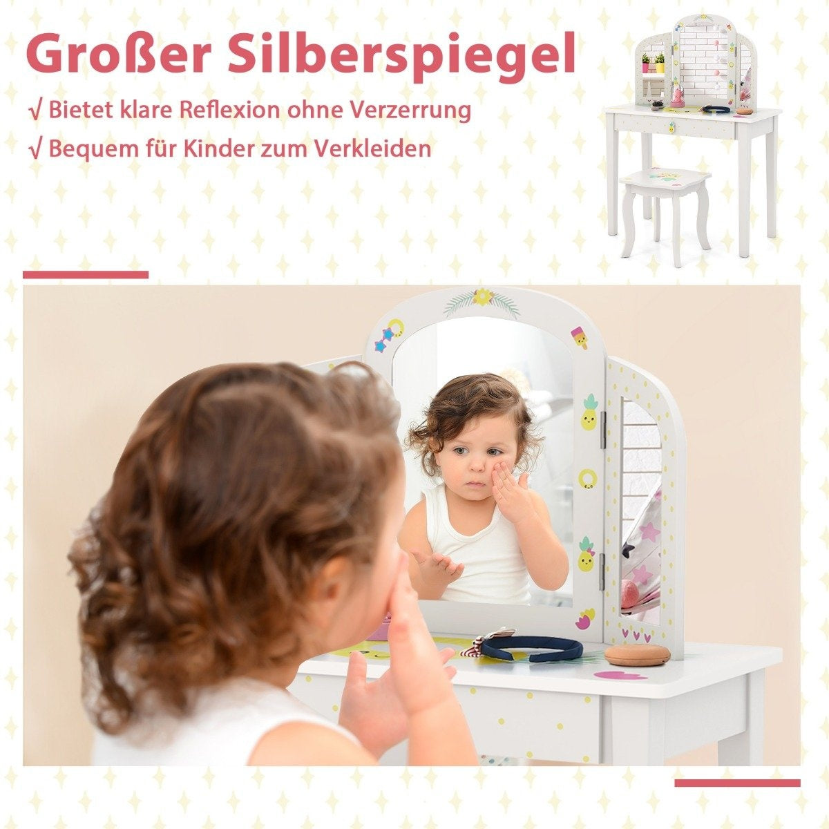 Children's Dressing Table and Chair Set Children's Dressing Table with Triple Folding Mirror White
