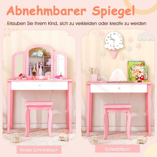 Children's Dressing Table and Chair Set Dressing Table Set with Folding Mirror & Drawer Pink + White