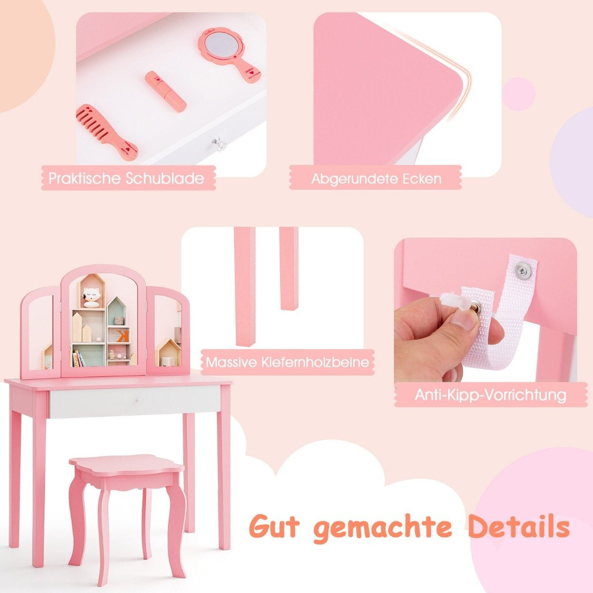 Children's Dressing Table and Chair Set Dressing Table Set with Folding Mirror & Drawer Pink + White