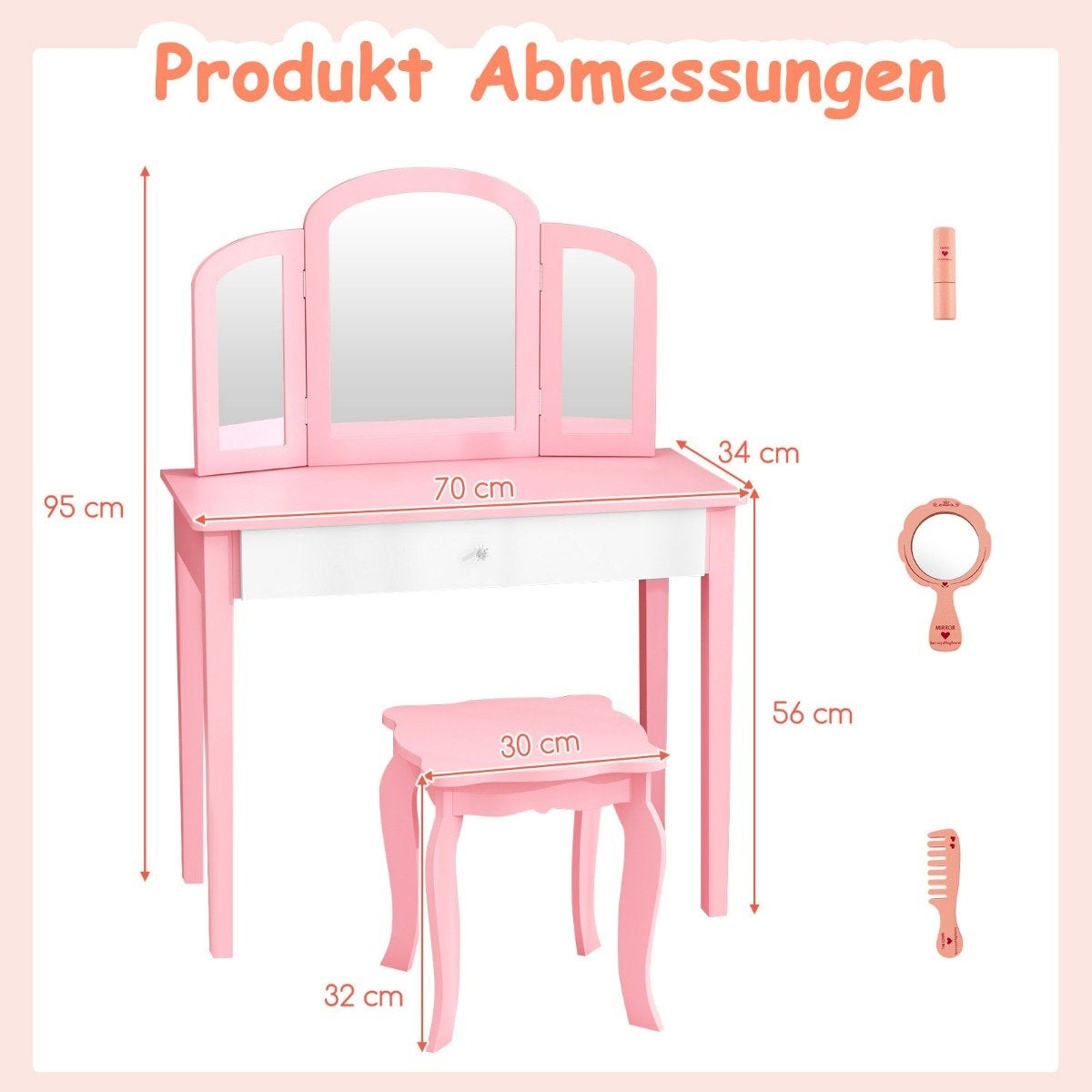 Children's Dressing Table and Chair Set Dressing Table Set with Folding Mirror & Drawer Pink + White