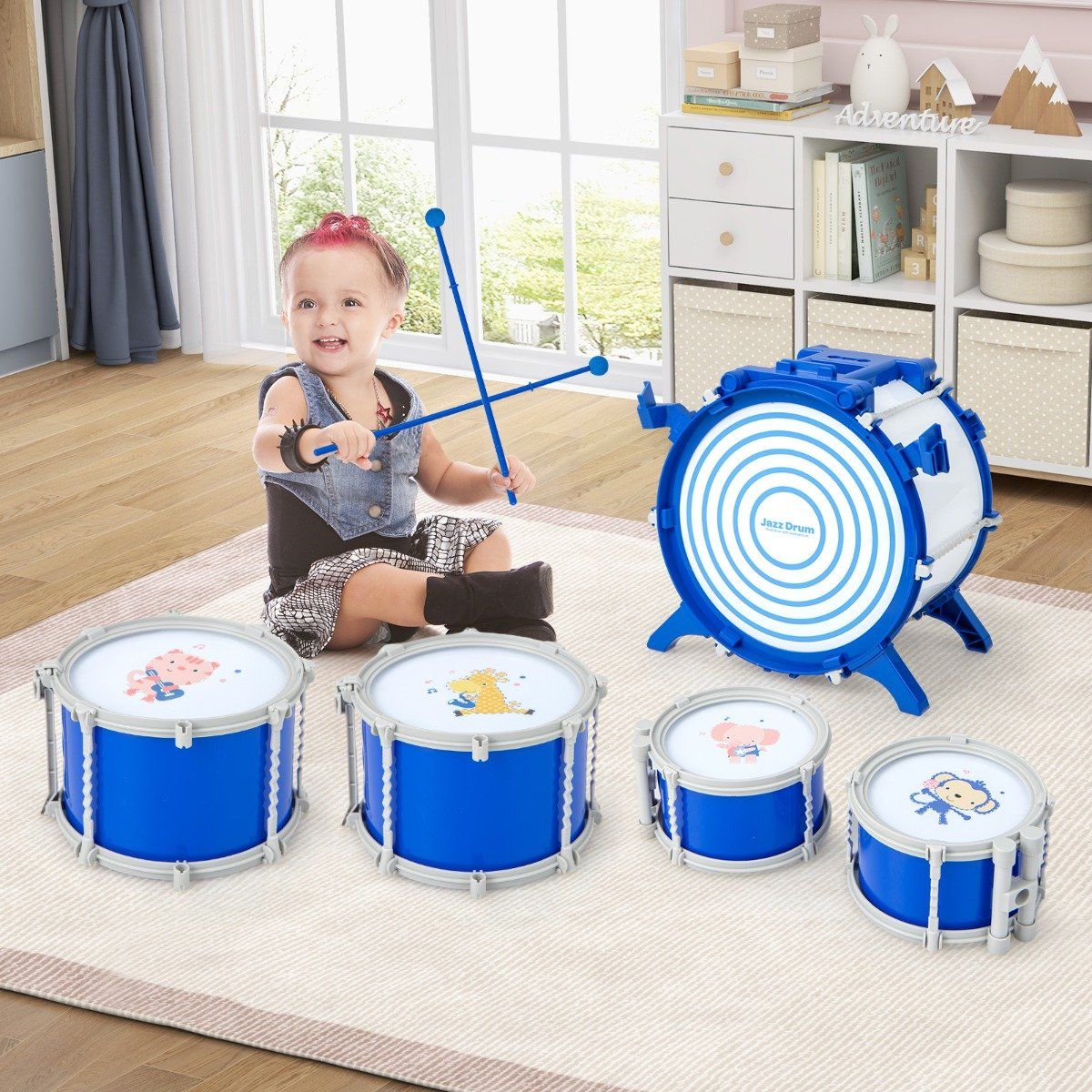 Children's Drum Set with Stool, Stand & Pedal - Blue