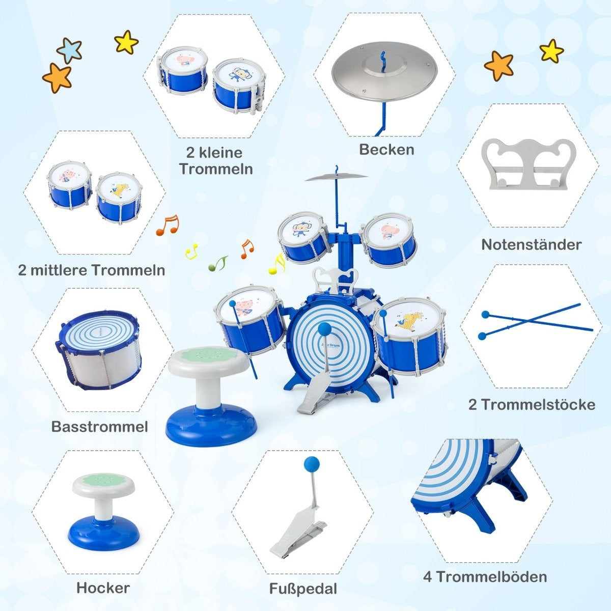 Children's Drum Set with Stool, Stand & Pedal - Blue
