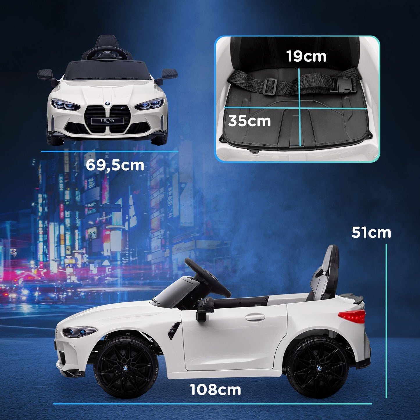 Electric car for children with remote control, MP3 & LED lights, white