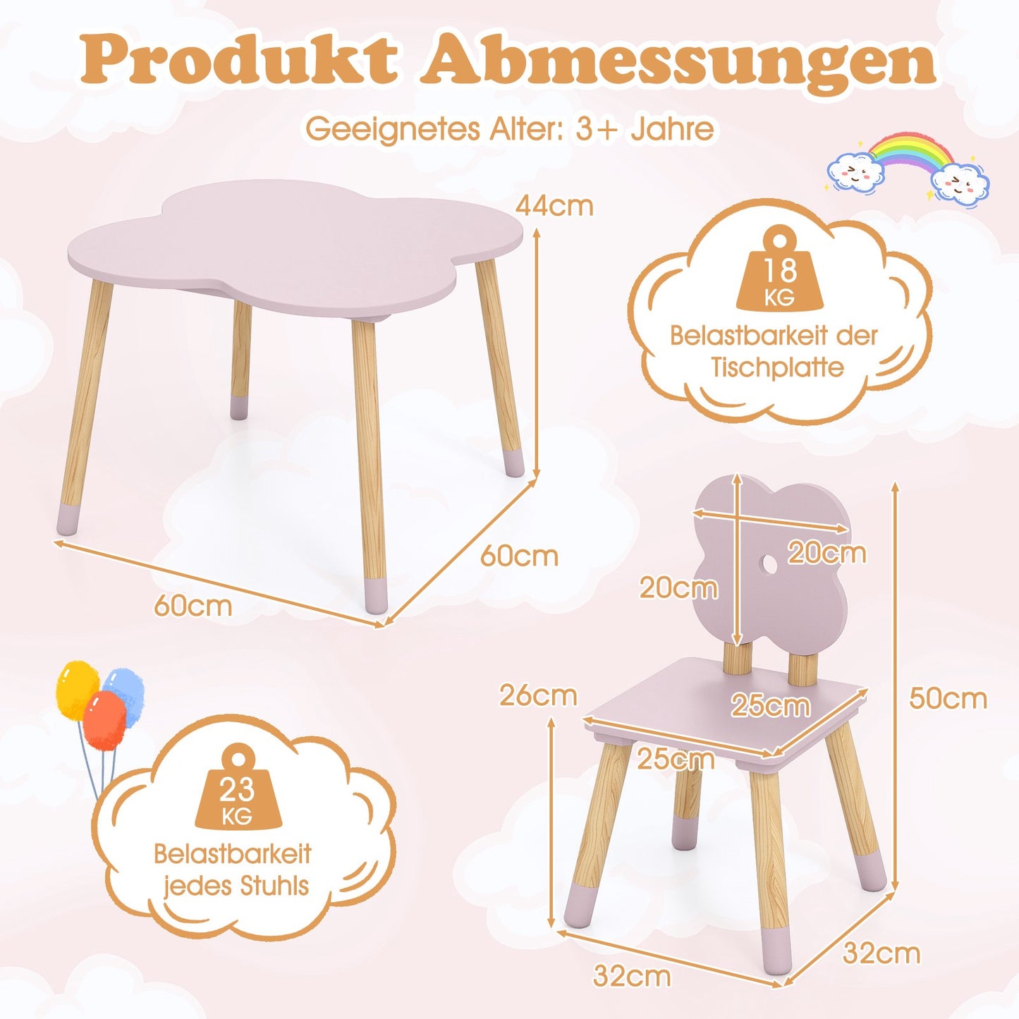 Children's Flower-Shaped Table Set, Pink, Wood, 1 Table + 2 Chairs