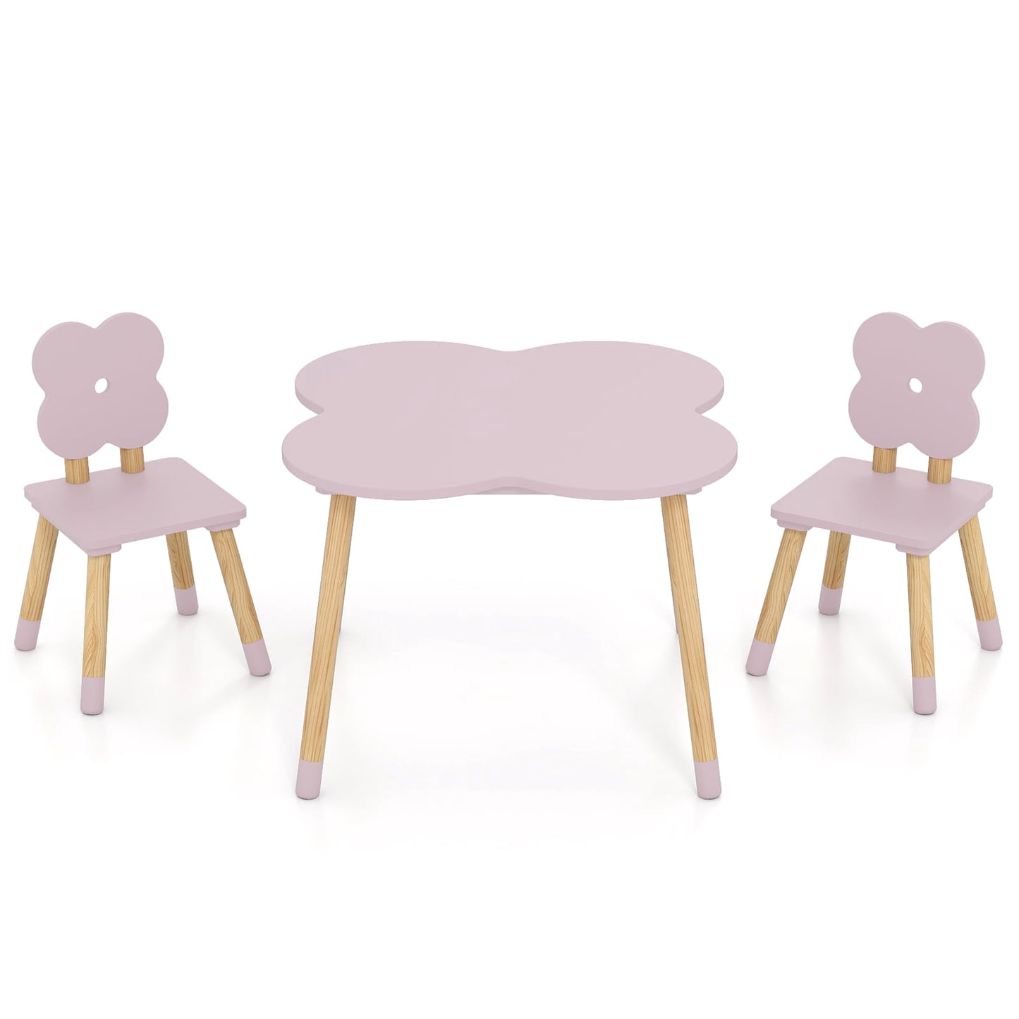 Children's Flower-Shaped Table Set, Pink, Wood, 1 Table + 2 Chairs