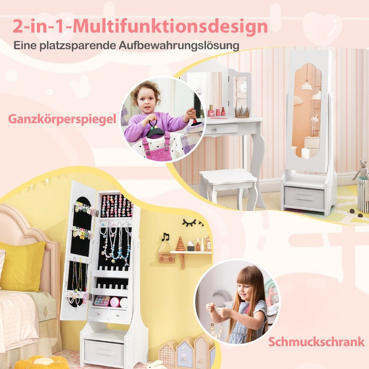 Children's Jewelry Cabinet with Full-Length Mirror, White