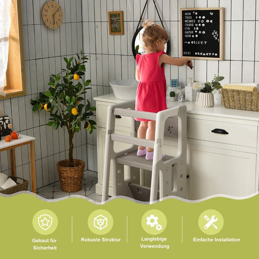 Children's Kitchen Stool with Double Safety Handrails & 3 Adjustable Heights & Non-Slip Feet Gray