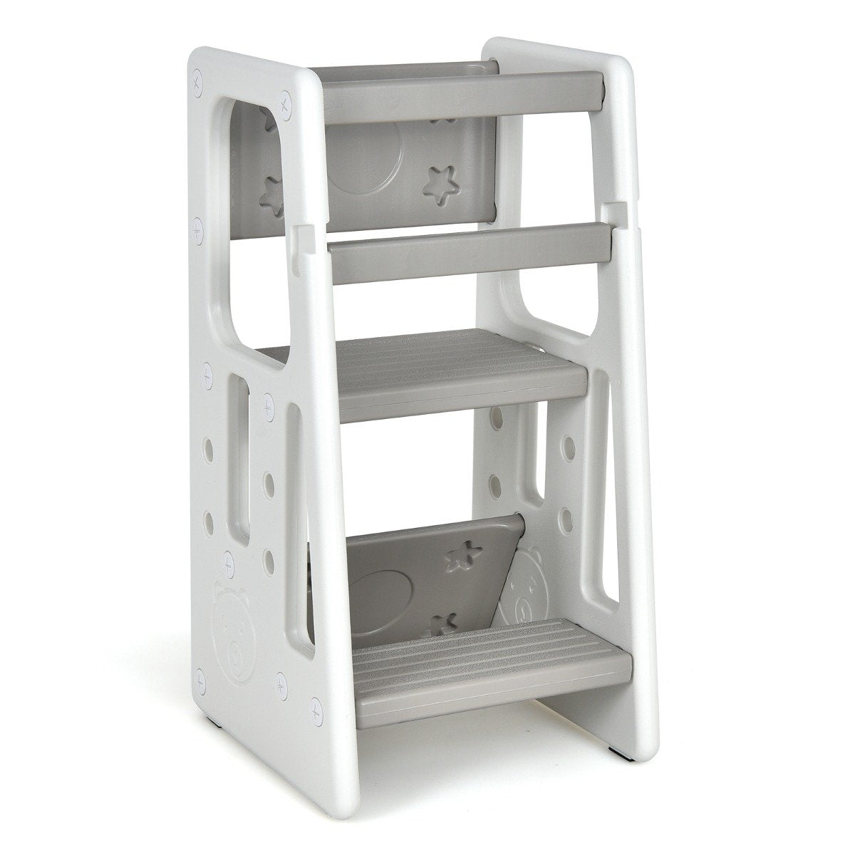 Children's Kitchen Stool with Double Safety Handrails & 3 Adjustable Heights & Non-Slip Feet Gray