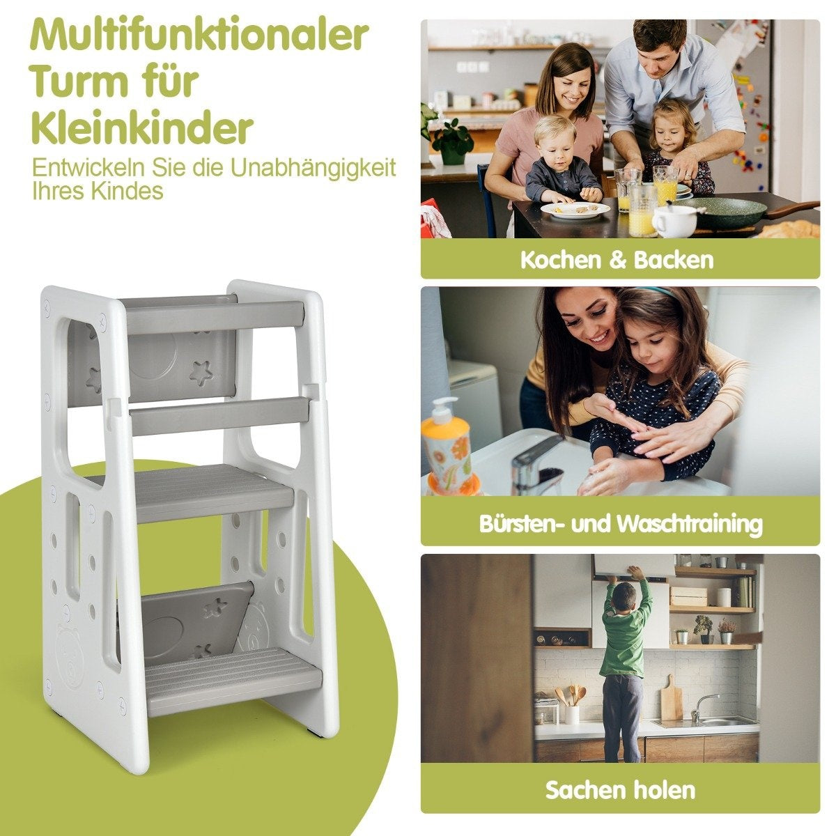 Children's Kitchen Stool with Double Safety Handrails & 3 Adjustable Heights & Non-Slip Feet Gray