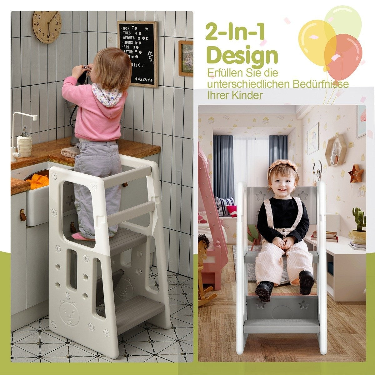 Children's Kitchen Stool with Double Safety Handrails & 3 Adjustable Heights & Non-Slip Feet Gray