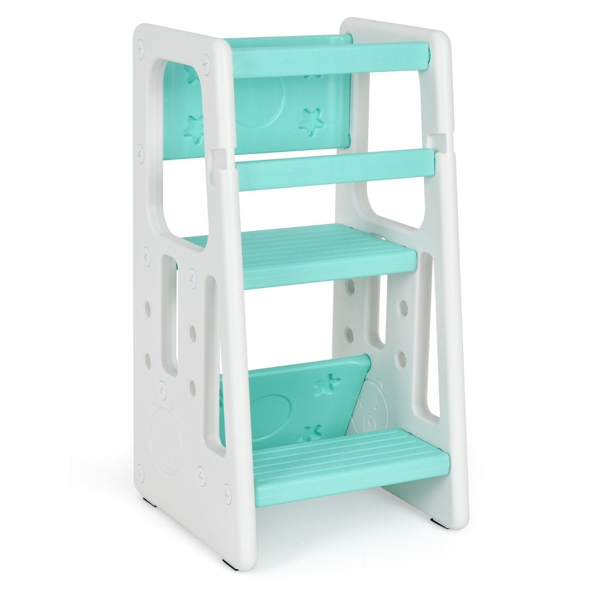 Children's Kitchen Stool with Double Safety Handrails & 3 Adjustable Heights & Non-Slip Feet Green