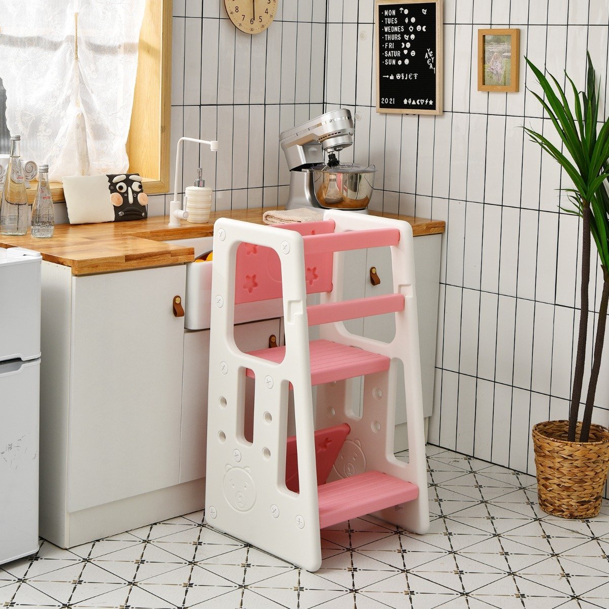 Children's Kitchen Stool with Double Safety Handrails & 3 Adjustable Heights & Non-Slip Feet Pink