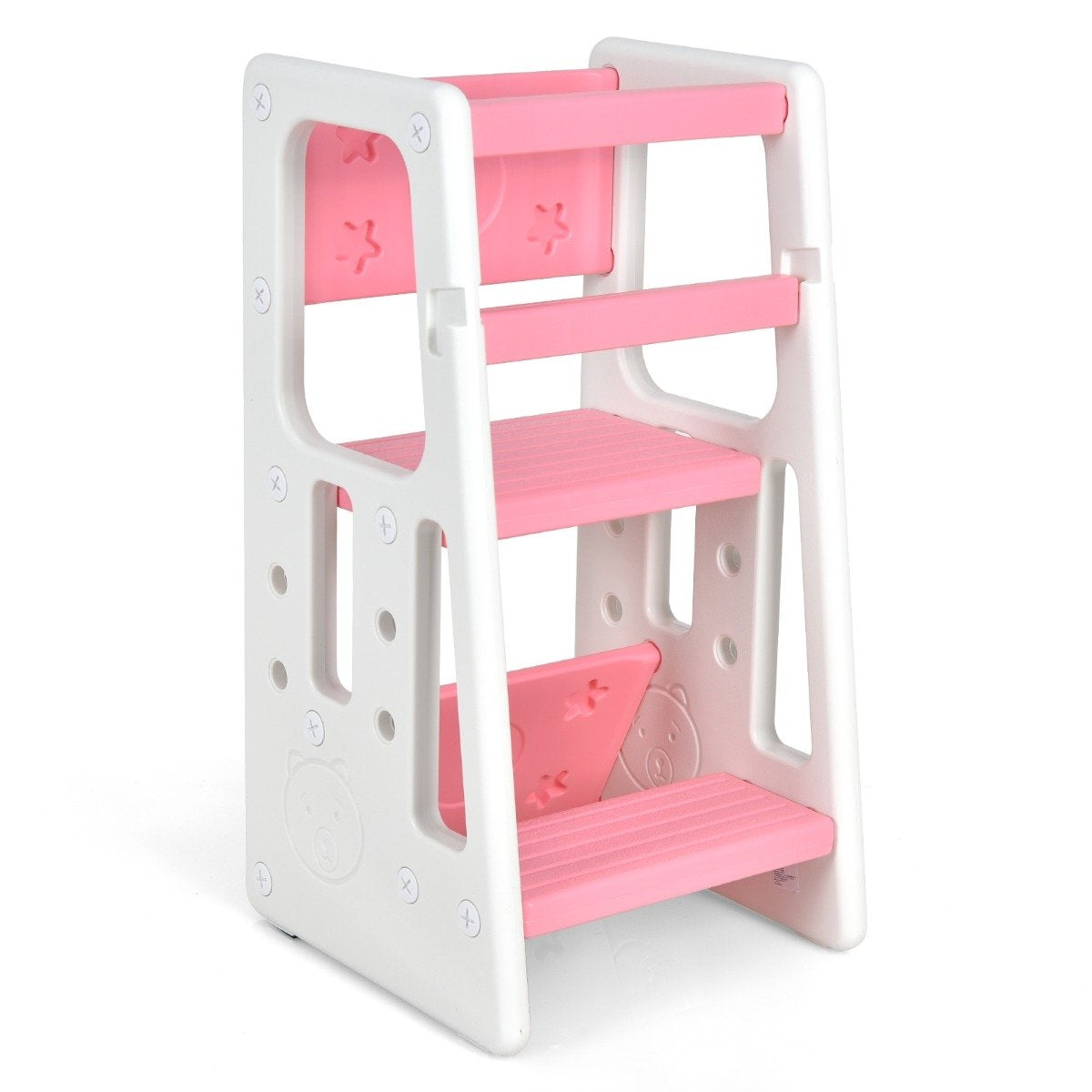 Children's Kitchen Stool with Double Safety Handrails & 3 Adjustable Heights & Non-Slip Feet Pink