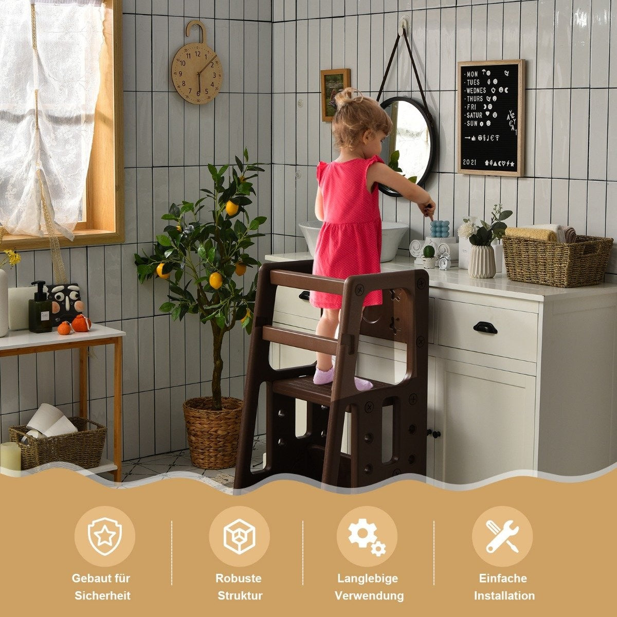 Children's Kitchen Stool with Double Safety Handrails Toddler Stool 46.5 x 46.5 x 90 cm Brown