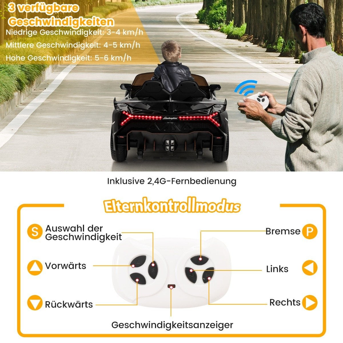 Children's Lamborghini electric car with remote control & LED headlights & horn & music black